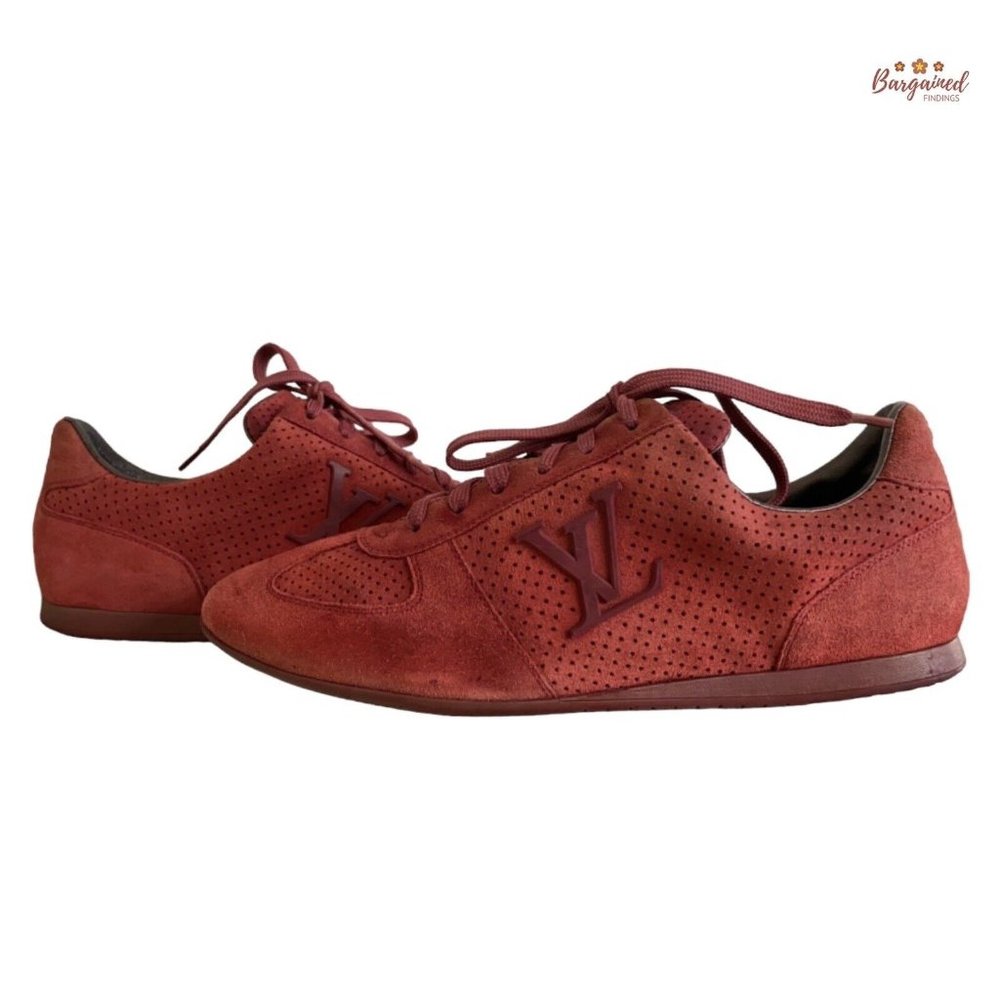 Authentic Louis Vuitton Pink Perforated Suede LV Logo Low Top Sneakers Size 7.5